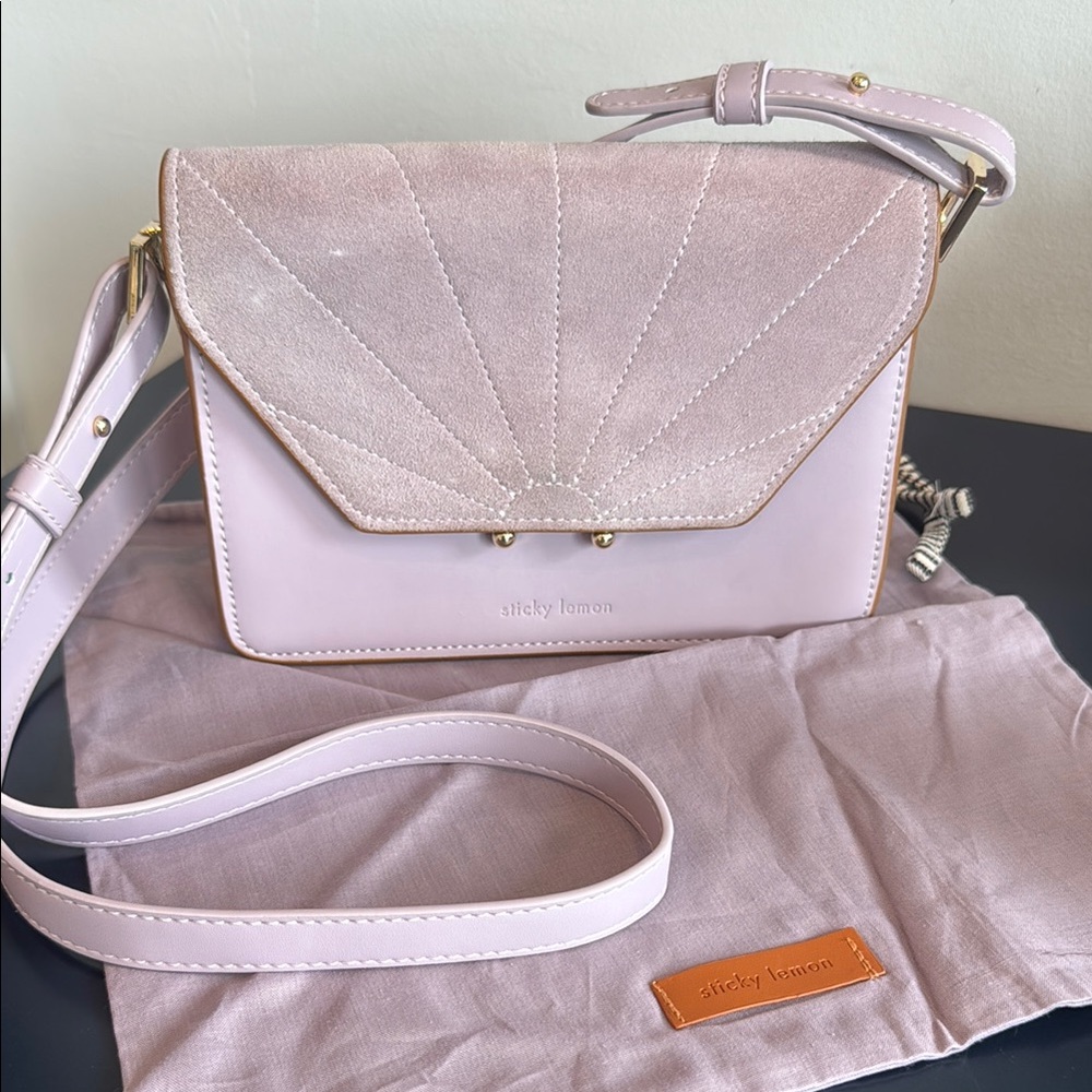 Sticky Lemon Lilac Suede and Leather Crossbody Bag with dust bag